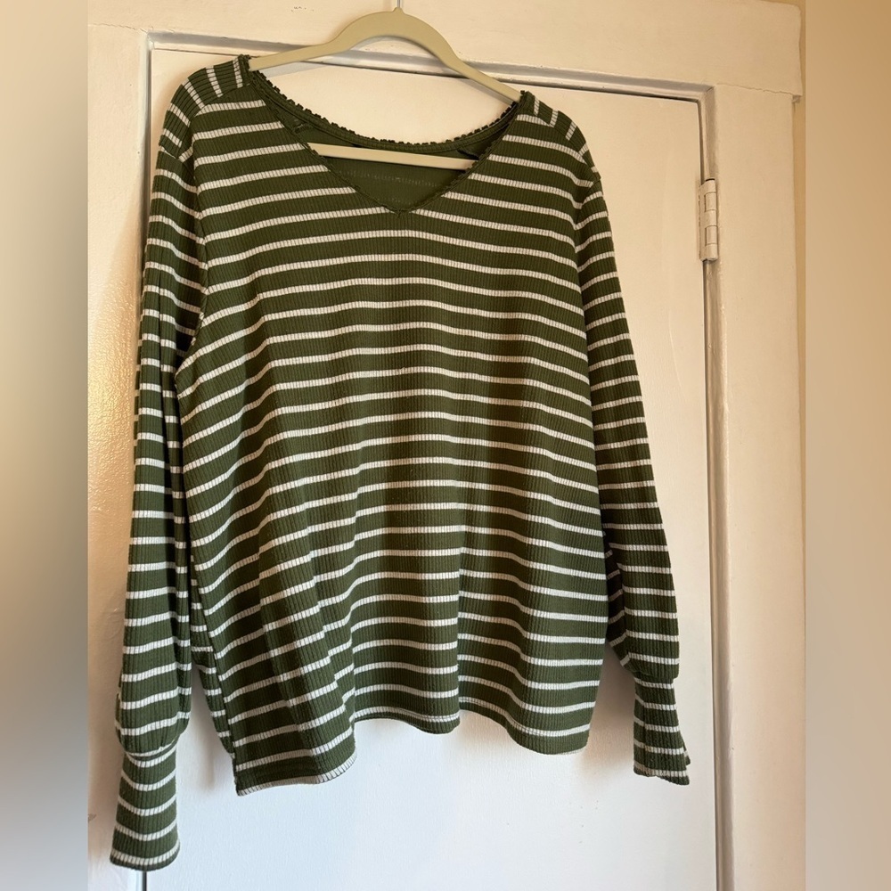 Zac & Rachel Ribbed Blouse Sweater 2X Plus Size Long Sleeve Green Striped - Picture 2 of 7